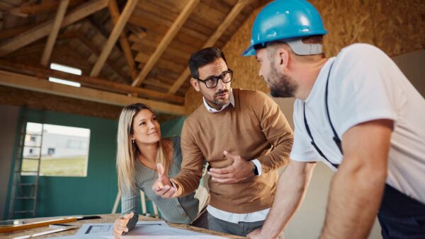 Young couple discuss blueprints with contractor